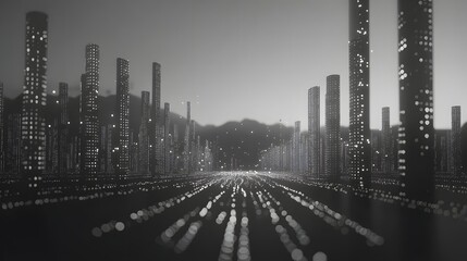 Poster - Futuristic city skyline at night, depicted in grayscale.
