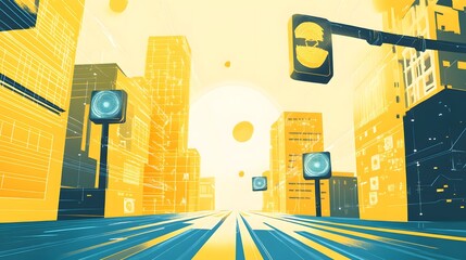 Poster - Futuristic city street scene with digital elements.