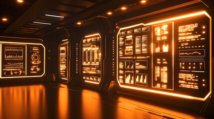 Poster - Futuristic corridor with glowing orange digital displays.