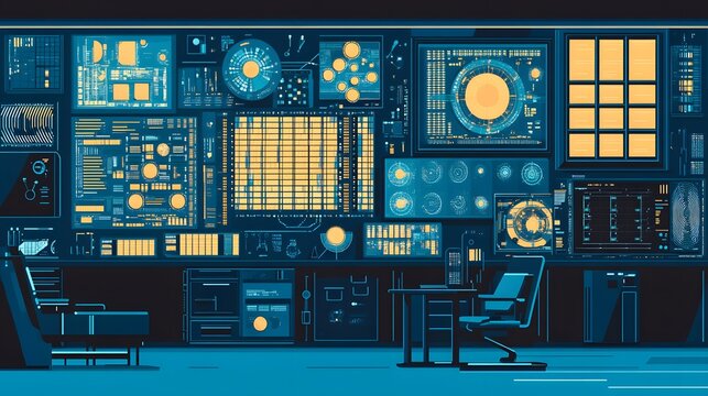 Futuristic control panel room with glowing displays.