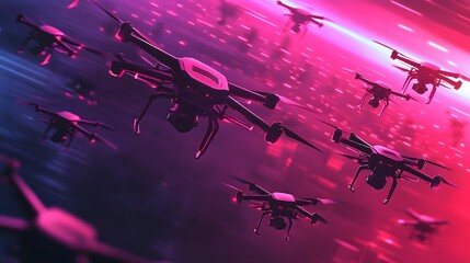 Poster - Many drones in flight, illuminated by vibrant neon light.