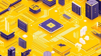 Poster - Abstract isometric illustration of a circuit board with integrated components.