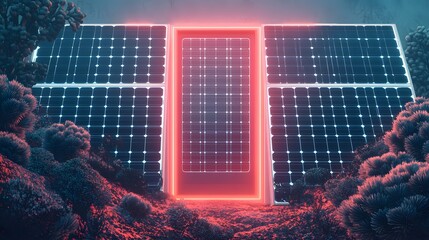 Poster - Neon red portal framed by solar panels in a surreal landscape.