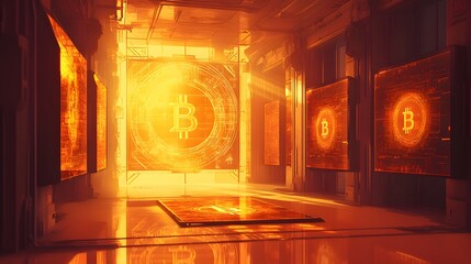 Poster - Futuristic interior with glowing bitcoin symbols.