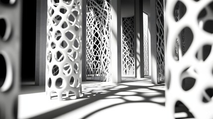 Poster - Intricate, 3d-printed architectural columns in a hallway.