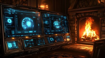 Poster - Futuristic console by a cozy fireplace.