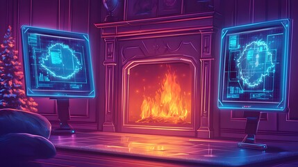 Poster - Two glowing computer screens display data in front of a warm fireplace.