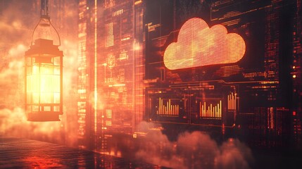 Poster - Illuminated cloud icon against a futuristic city backdrop.