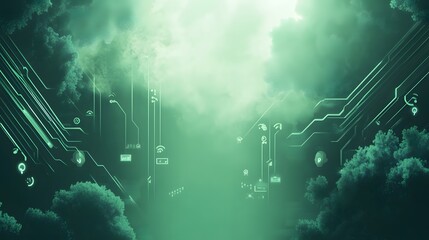 Poster - Futuristic circuit board design overlaying a cloudy sky.