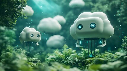 Poster - Cloud-shaped robots in a lush, green forest.