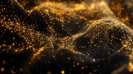 Poster - Gold particles form a complex network against a black background.
