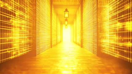 Poster - Golden corridor with glowing grid patterns.