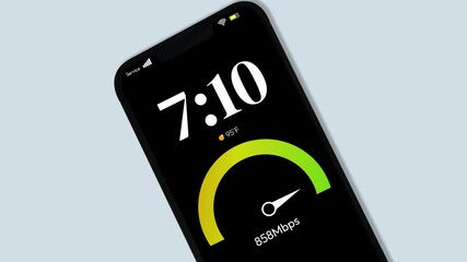 Poster - Internet speedometer showing on the smartphone screen close up, 4k footage. Internet, Mbps, speed