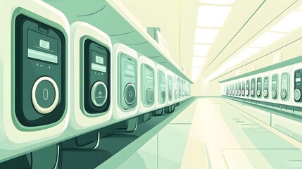 Poster - Row of futuristic computer units in a clean, modern facility.