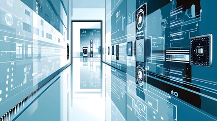 Poster - Digital corridor with interactive technology displays.