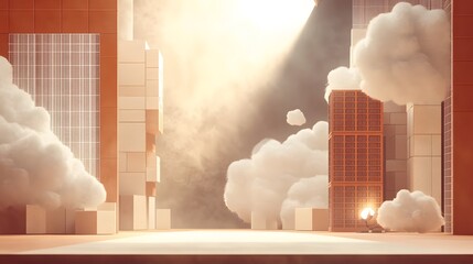 Poster - A stylized cityscape scene with fluffy clouds and stacked containers.