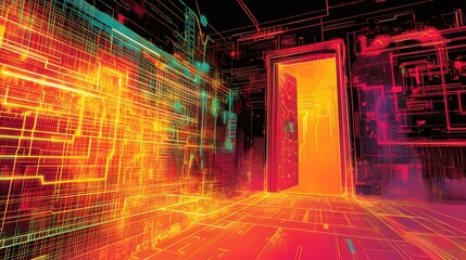 Poster - Digital pathways leading to an open doorway.