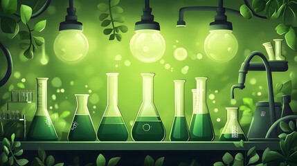 Poster - Green laboratory scene with glassware and glowing lights.