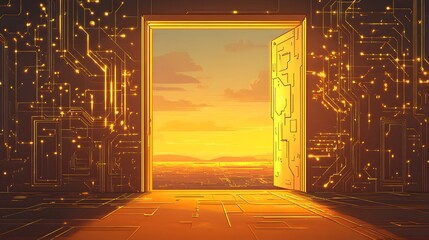 Poster - Golden door to a futuristic cityscape at sunset.