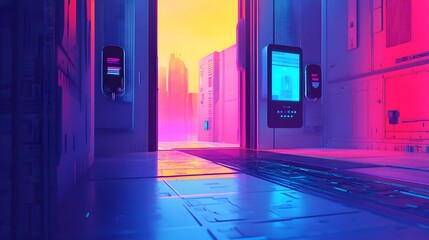Poster - Futuristic neon corridor with digital displays.