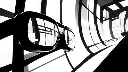 Poster - Modern eyeglasses reflecting an abstract architectural interior.