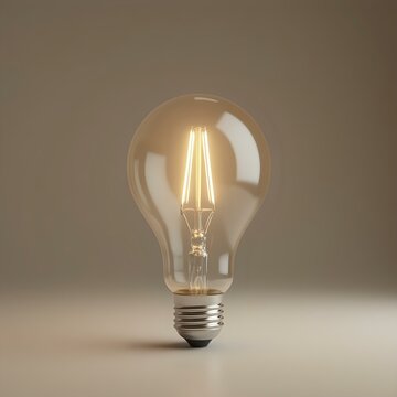 The image shows a realistic rendering of a single light bulb with a glowing bulb inside, casting a shadow on the floor, against a neutral background.