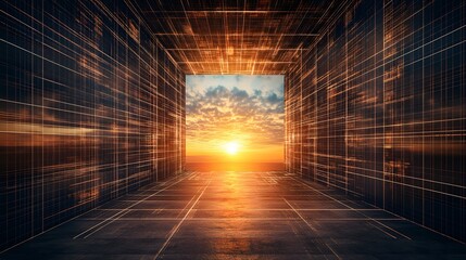 Poster - Digital tunnel pathway with sunrise vista.