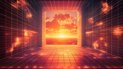 Poster - Sunrise vista through a digital grid corridor.