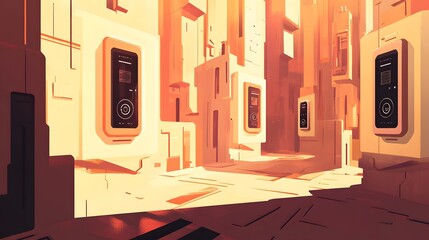 Poster - A futuristic cityscape scene bathed in warm sunlight.
