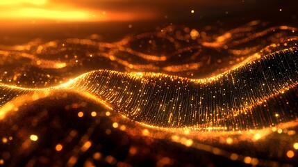 Poster - Golden shimmering wavy lines with glowing particles.