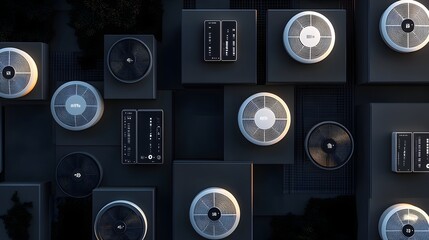 Poster - Modern, circular ventilation units displayed on dark geometric platforms.