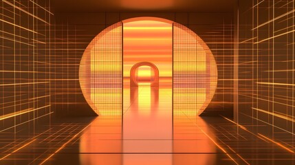 Poster - A glowing, orange corridor with geometric patterns.