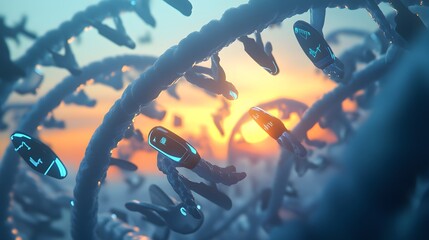 Poster - Abstract illustration of dna strands in a sunset.