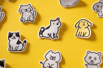 Poster - Cute Pet Stickers Featuring Playful Animal Designs on a Bright Yellow Background With a Clear Right Margin