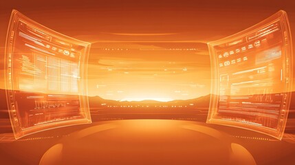 Poster - Two curved holographic computer screens display data in an orange light.
