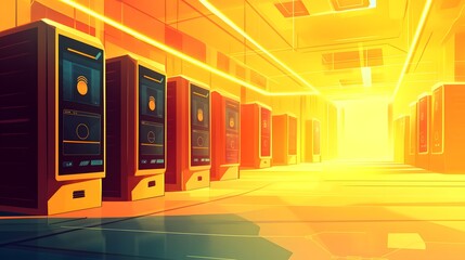 Poster - Futuristic server room with glowing displays.
