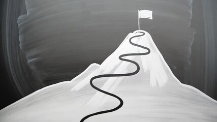 Poster - Hand drawing mountain path with flag on blackboard using chalk for goal achievement concept art