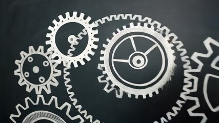 Aufkleber - Hand pointing at chalk drawn gears on a blackboard showing a system or mechanism in motion concept