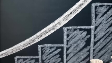Poster - Chalkboard drawing of increasing bar graph with arrow and currency bags and coin stacks below it