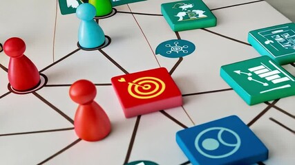 Poster - Network diagram with colorful game pieces and icons representing connections and collaboration