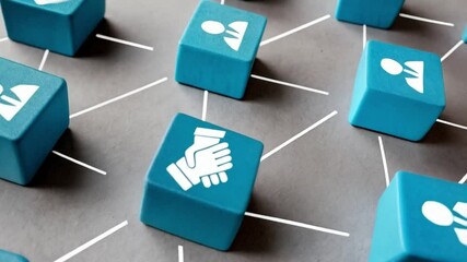 Poster - Network of blue cubes with people and handshake icons connected by white lines on gray surface