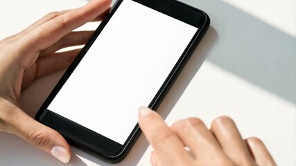 Poster - Hands holding a black smartphone with a blank white screen on a white surface in bright sunlight