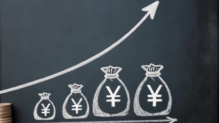 Poster - Chalkboard drawing showing coins and bags of yen with an upward trending arrow graph line