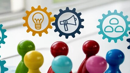 Poster - Colorful game pieces surrounded by gear icons on a white surface representing teamwork and strategy