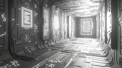 Poster - Futuristic corridor with illuminated circuit board panels.