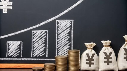 Poster - Yen symbol on bags and coins with upward trending chart on chalkboard representing growth and finance
