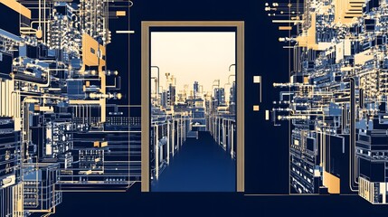 Poster - Intricate cityscapes within a complex technological design.