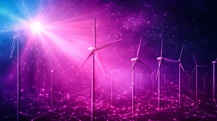 Poster - Wind turbines in a vibrant, digital landscape.