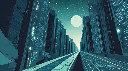 Poster - Futuristic cityscape at night, with illuminated structures.