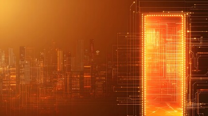 Poster - Illuminated city skyline with technological frame.